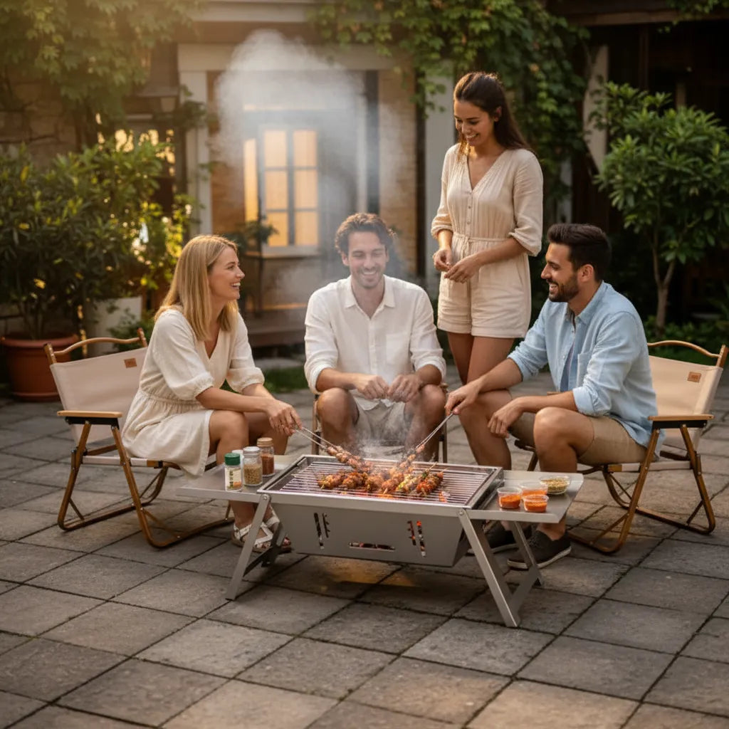 Freunde grillen gemeinsam im Garten