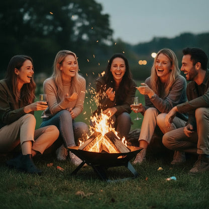 Freunde sitzen gemeinsam an einer Feuerstelle mit Terra Prime